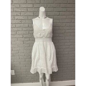 Indian Emporium Women White Cotton Crochet Smock Waist Eyelet Ruffle Dress Size